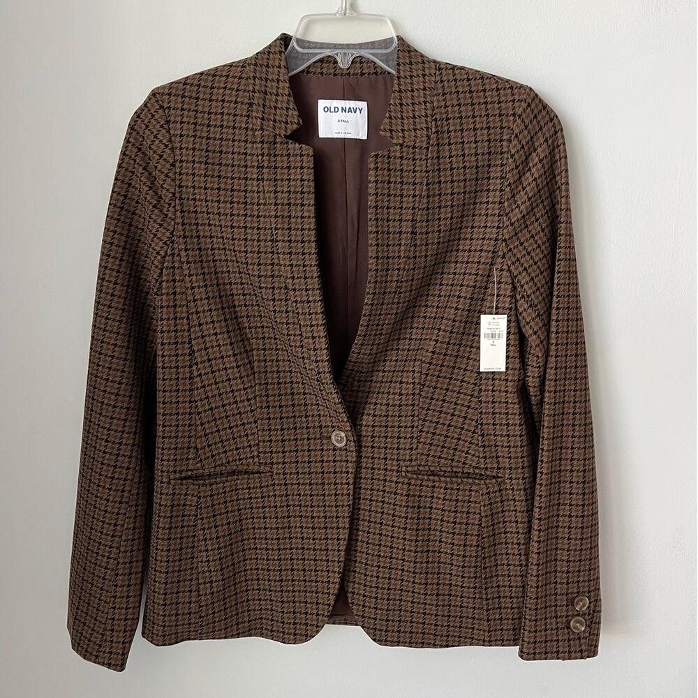 NWT Old Navy Notched Collar Pixie Blazer Houndstooth Brown Academia Small Tall